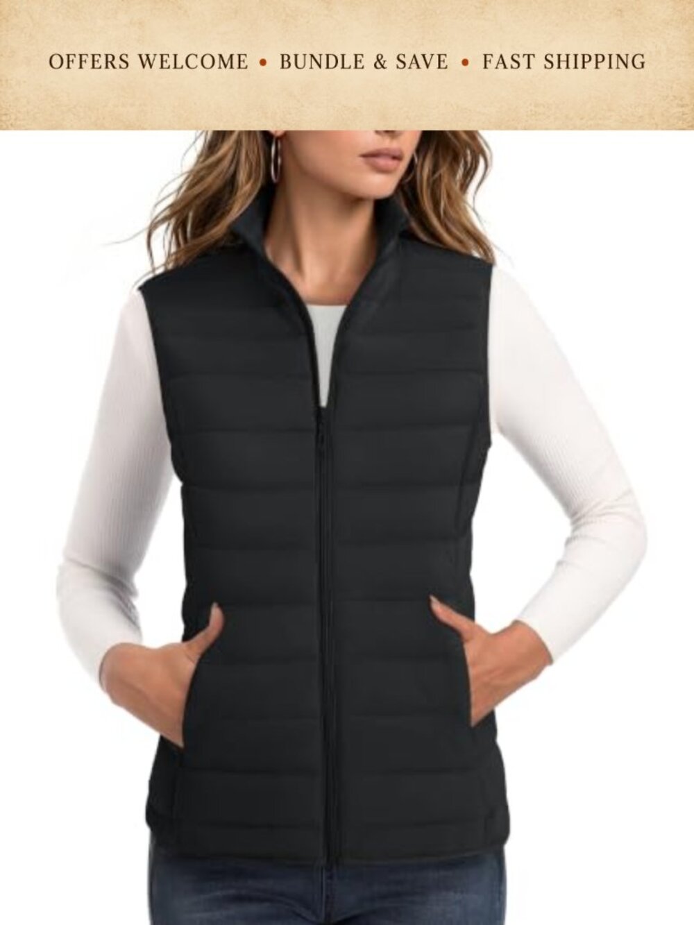 Quilted Puffer Vest Sleeveless Zip Jacket 4 Pockets Water Resistant